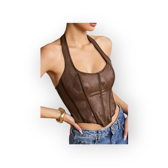 Micas Brown Faux Leather Snakeskin Lace-Up Corset Top – Size L - Picture 5 of 7